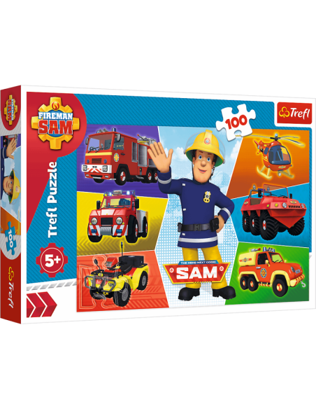 Puzzle carton 100 piese Trefl Pompierul Sam - vehicule, 16354 / 431063, 5+ ani