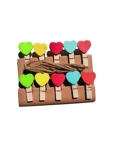 Accesorii creatie - lemn - carlig natur cu inimioare + sfoara, set 10 buc, Colorarte