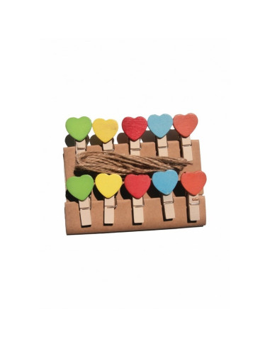 Accesorii creatie - lemn - carlig natur cu inimioare + sfoara, set 10 buc, Colorarte