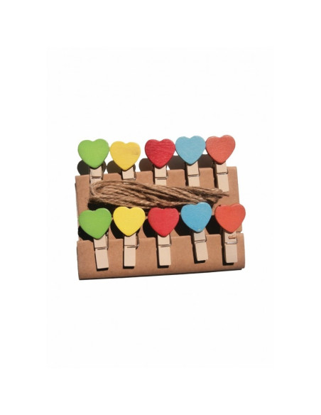 Accesorii creatie - lemn - carlig natur cu inimioare + sfoara, set 10 buc, Colorarte