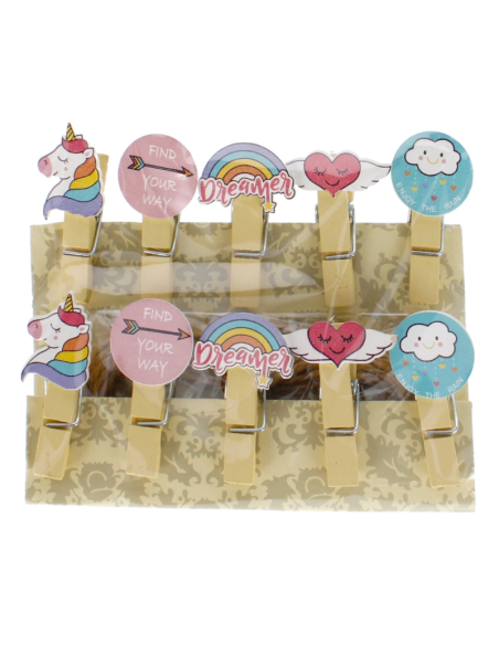 Accesorii creatie - lemn - carlig color unicorn / inima / sageata / nor, set 10 buc, Craft With Fun, 439345