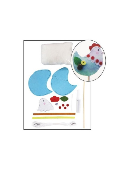 Set accesorii creatie pui fetru, 14cm, ac plastic, ata, lipici, vata sintetica, instructiuni