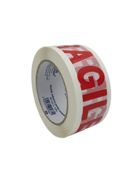 Banda adeziva, pentru ambalare, inscriptionata cu FRAGIL, 48mm x 100yard, alb