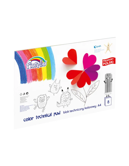 Bloc tehnic colorat A4 Fiorello 150-1438, 160g/mp, mix diverse culori, set 8 file