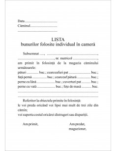 Cerere pentru cazare (in camin) si lista bunurilor folosite individual in camera 2