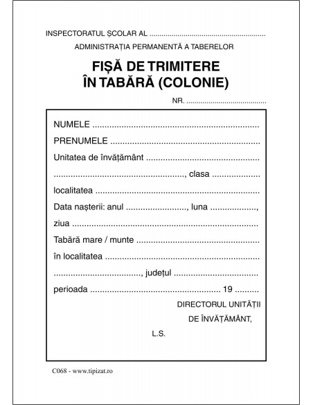 Fisa de trimitere in tabara (colonie)