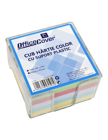 Cub hartie notes Office Cover, 500 coli, 85x85mm, 5 culori, include suport plastic transparent