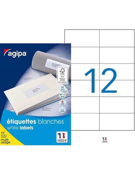 Etichete autocolante Agipa 101032, 12/A4, 105x49.39mm, permanente, colturi drepte, alb, top 100 coli (1200 etichete)