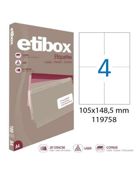 Etichete autocolante Etibox 119758, 4/A4, 105x148.5mm, permanente, colturi drepte, alb, top 100 coli (400 etichete)