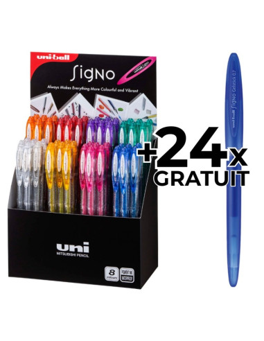 Display 48x Pix cu gel Uni-ball Signo Sparkling UM-120SP, 0.7mm, diverse culori cu sclipici