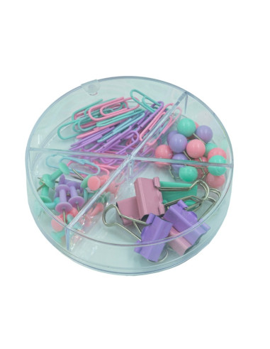 Accesorii set birou Cnx, 62 piese, culori pastel - agrafe, ace gamalie, ace tabla, clips
