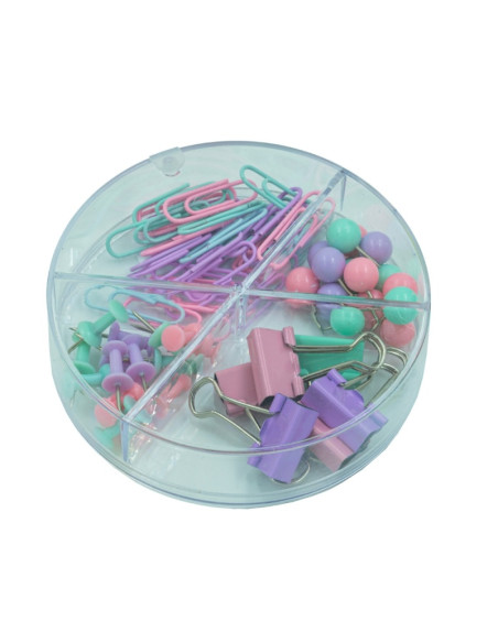 Accesorii set birou Cnx, 62 piese, culori pastel - agrafe, ace gamalie, ace tabla, clips