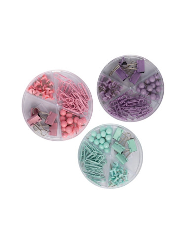 Accesorii set birou Cnx, 62 piese, diverse culori - agrafe, ace gamalie, ace tabla, clips
