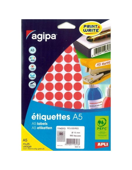 Etichete autocolante Agipa 114313, 96/A5, 15mm, permanente, rotund, rosu, top 10 coli (960 etichete)