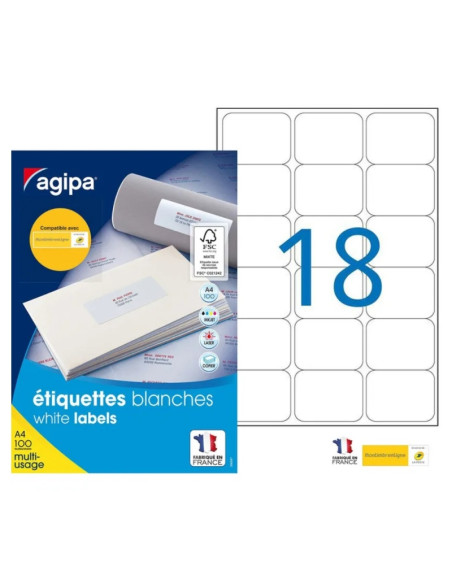 Etichete autocolante Agipa 100981, 18/A4, 63,5x46,6mm, alb, 100 coli/top (1800 etichete)
