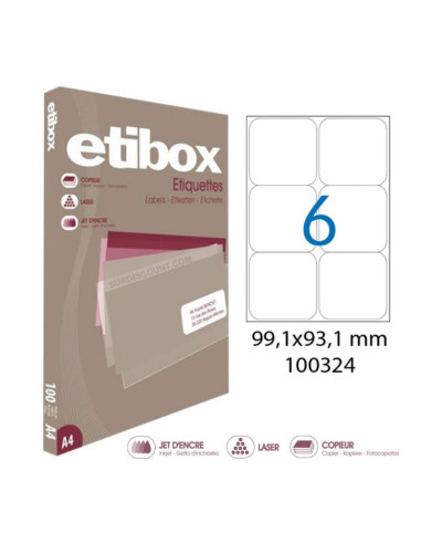 Etichete autocolante Etibox 100324, 6/A4, 99.1x93.1mm, permanente, colturi drepte, alb, top 100 coli (600 etichete)