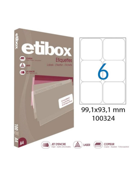 Etichete autocolante Etibox 100324, 6/A4, 99.1x93.1mm, permanente, colturi drepte, alb, top 100 coli (600 etichete)