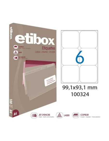 Etichete autocolante Etibox 100324, 6/A4, 99.1x93.1mm, permanente, colturi drepte, alb, top 100 coli (600 etichete)