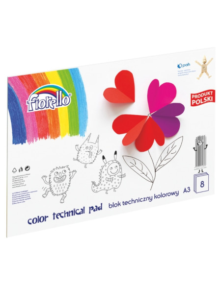 Bloc tehnic colorat A3 Fiorello 150-1439, 160g/mp, mix diverse culori, set 8 file