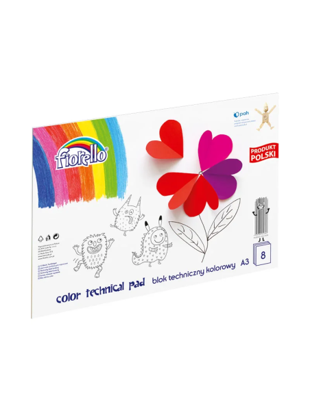 Bloc tehnic colorat A3 Fiorello 150-1439, 160g/mp, mix diverse culori, set 8 file