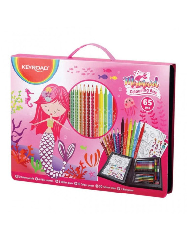 Set coloriaj Keyroad Mica sirena KR972160, 12x creioane colorate, 6x carioci, 10x coli A4, 30x stickere, 6x lipici, ascutitoare