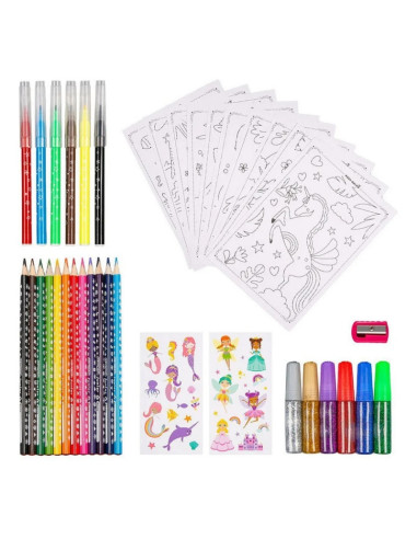 Set coloriaj Keyroad Mica sirena KR972160, 12x creioane colorate, 6x carioci, 10x coli A4, 30x stickere, 6x lipici, ascutitoare