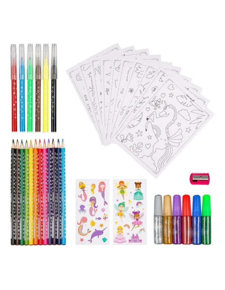 Set coloriaj Keyroad Mica sirena KR972160, 12x creioane colorate, 6x carioci, 10x coli A4, 30x stickere, 6x lipici, ascutitoare