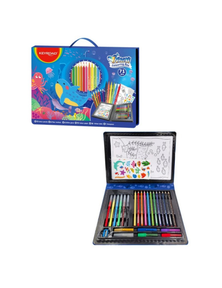 Set coloriaj Keyroad Ocean KR972879, 12x creioane colorate, 6x carioci, 10x coli A4, 36x stickere, 6x lipici, ascutitoare