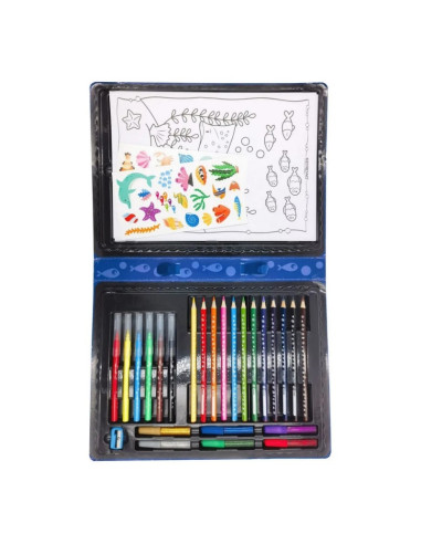 Set coloriaj Keyroad Ocean KR972879, 12x creioane colorate, 6x carioci, 10x coli A4, 36x stickere, 6x lipici, ascutitoare