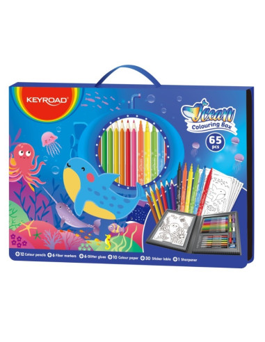 Set coloriaj Keyroad Ocean KR972879, 12x creioane colorate, 6x carioci, 10x coli A4, 36x stickere, 6x lipici, ascutitoare