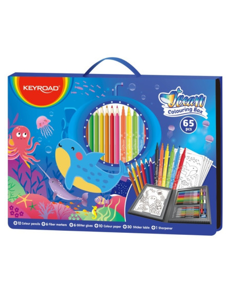 Set coloriaj Keyroad Ocean KR972879, 12x creioane colorate, 6x carioci, 10x coli A4, 36x stickere, 6x lipici, ascutitoare