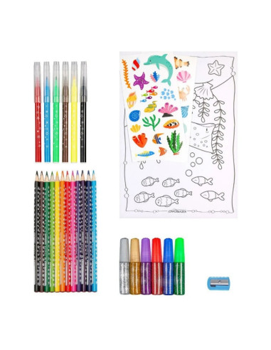 Set coloriaj Keyroad Ocean KR972879, 12x creioane colorate, 6x carioci, 10x coli A4, 36x stickere, 6x lipici, ascutitoare