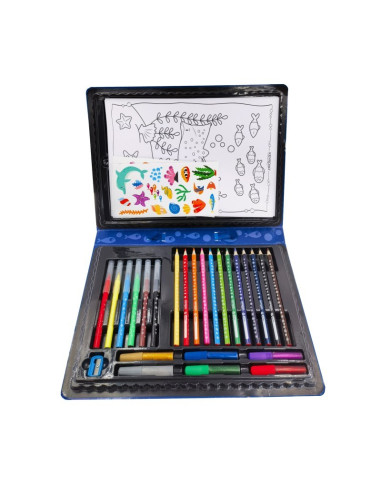 Set coloriaj Keyroad Ocean KR972879, 12x creioane colorate, 6x carioci, 10x coli A4, 36x stickere, 6x lipici, ascutitoare