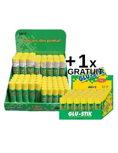 Display - Lipici solid Amos, 30x8g, 20x15g, 20x20g, 12x35g, fara solvent, set 82 buc + Display 30x Lipici solid 8g Amos gratuit