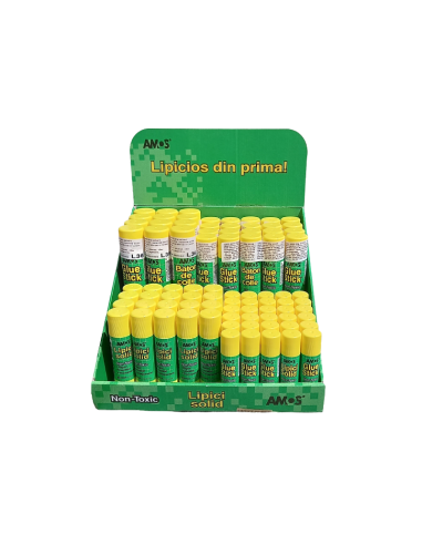 Display - Lipici solid Amos, 30x8g, 20x15g, 20x20g, 12x35g, fara solvent, set 82 buc + Display 30x Lipici solid 8g Amos gratuit