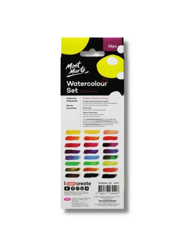 Acuarele Mont Marte PMHS0024, Watercolours, 26 culori + pensula + tub alb, pastila 30mm