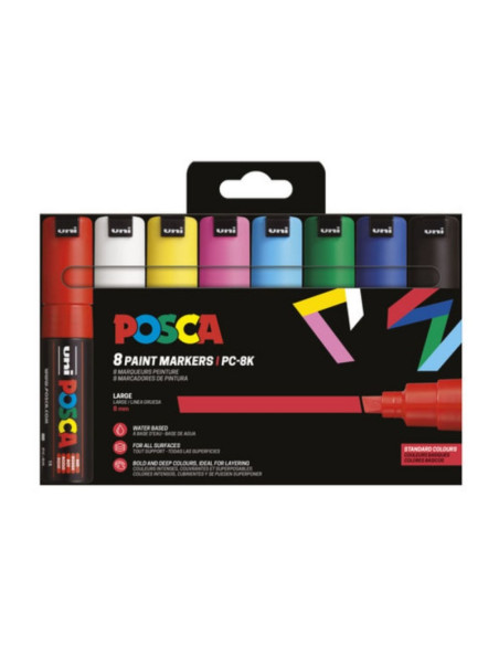 Marker UNI Posca PC-8K, varf tesit, 8.0mm, set 8 culori