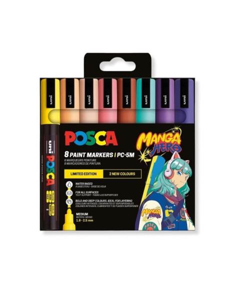 Marker UNI PC-5M Posca 1.8-2.5 mm set 8 culori MANGA HERO
