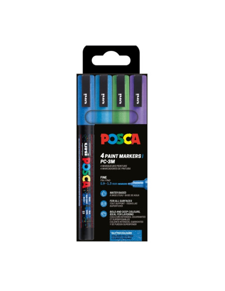 Marker UNI Posca PC-3ML, varf rotund, 0.9-1.3mm, set 4 culori reci, cu sclipici