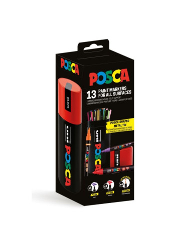 Set 13x Marker UNI Posca, cutie metalica forma marker (PC-3M, PC-5M, PC-5MR)