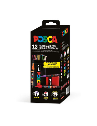 Set 13x Marker UNI Posca, cutie metalica forma marker (PC-3M, PC-5M, PC-5MR)