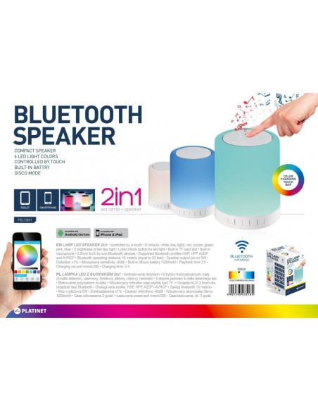 Lampa led pentru birou Platinet PDLSB01 / 43518, 0.5W, cu boxa Bluetooth, schimbare culoare la atingere, 12.7cm