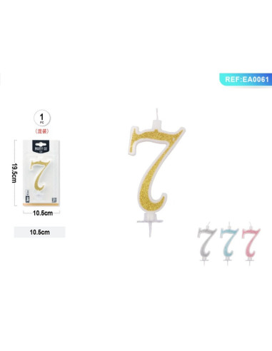 Lumanari aniversare pentru tort PartyGo cifra 7, 10.5cm, alba cu sclipici diverse culori, EA0061