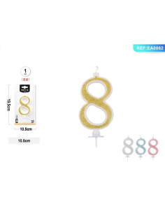 Lumanari aniversare pentru tort PartyGo cifra 8, 10.5cm, alba cu sclipici diverse culori, EA0062