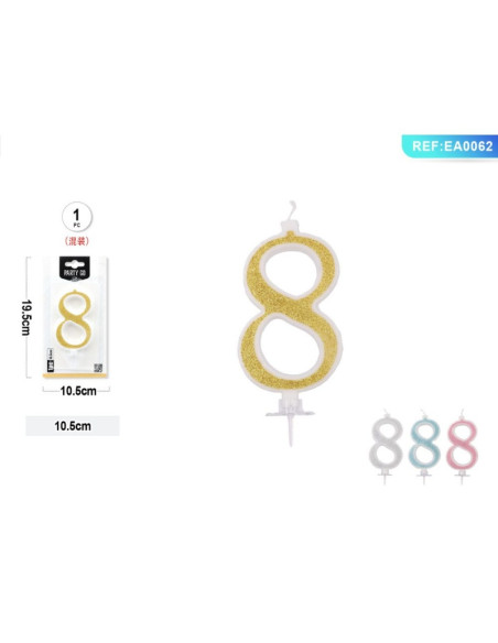 Lumanari aniversare pentru tort PartyGo cifra 8, 10.5cm, alba cu sclipici diverse culori, EA0062