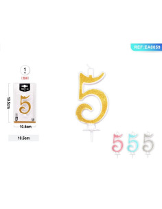 Lumanari aniversare pentru tort PartyGo cifra 5, 10.5cm, alba cu sclipici diverse culori, EA0059