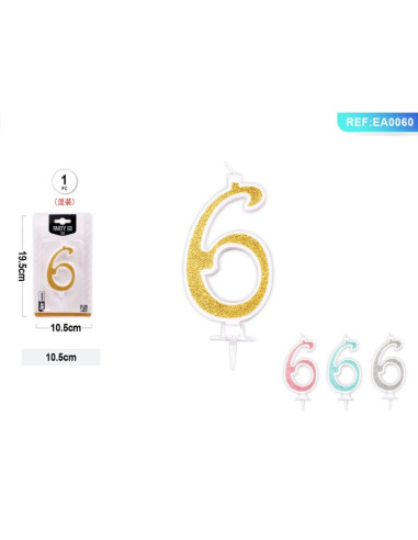 Lumanari aniversare pentru tort PartyGo cifra 6, 10.5cm, alba cu sclipici diverse culori, EA0060
