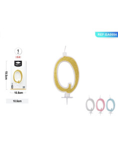 Lumanari aniversare pentru tort PartyGo cifra 0, 10.5cm, alba cu sclipici diverse culori, EA0054