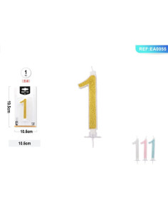Lumanari aniversare pentru tort PartyGo cifra 1, 10.5cm, alba cu sclipici diverse culori, EA0055