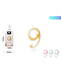 Lumanari aniversare pentru tort PartyGo cifra 9, 10.5cm, alba cu sclipici diverse culori, EA0063